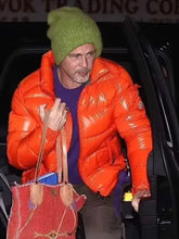 Wolves 2024 Brad Pitt Orange Faux Leather Puffer Jacket